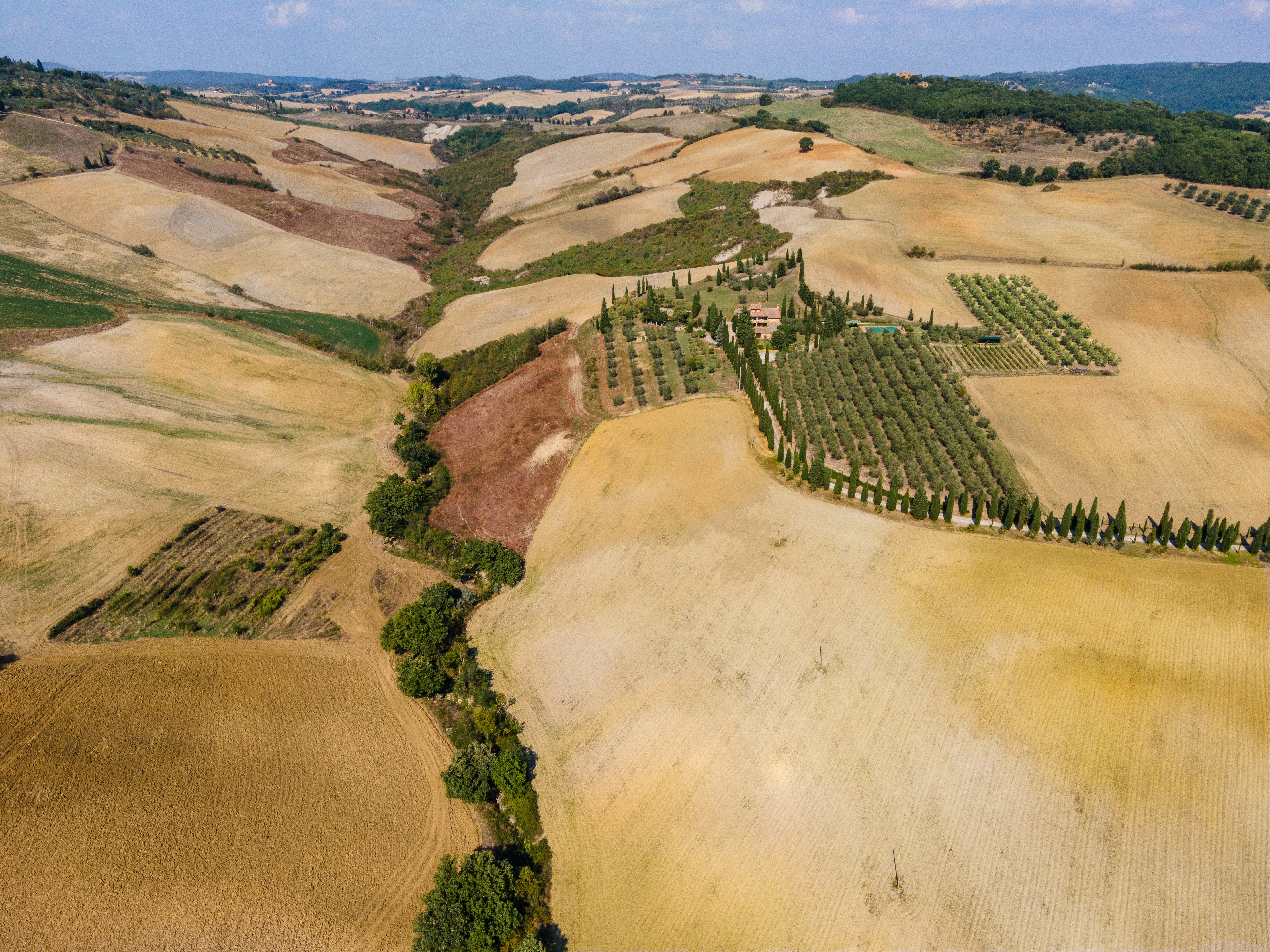 Countryside around Pienza in Tuscany in autumn, drone view.