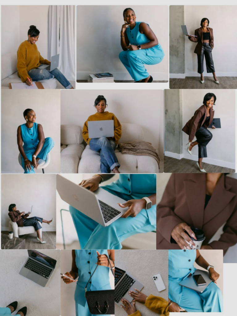 A collage of fun photos of Cherelle, posing with a laptop, phone, coffee and bag